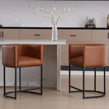 RIVOVA PU Leather Bar Stools Set of 2 Modern Upholstered Counter Height Bar stools 24" Leather Barstools Barrel Kitchen Counter Island Stools with Black Metal Base Brown